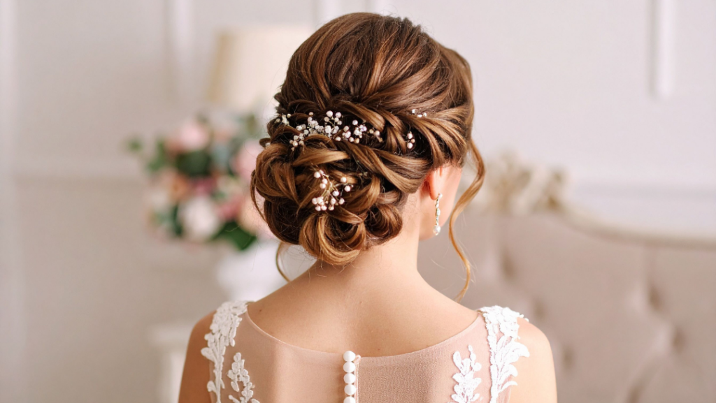 chignon bas boucle et fleur