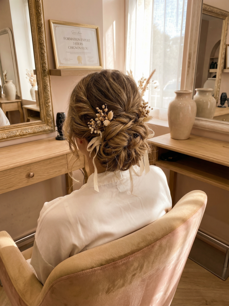 Chignon bas torsade avec fleur naturel