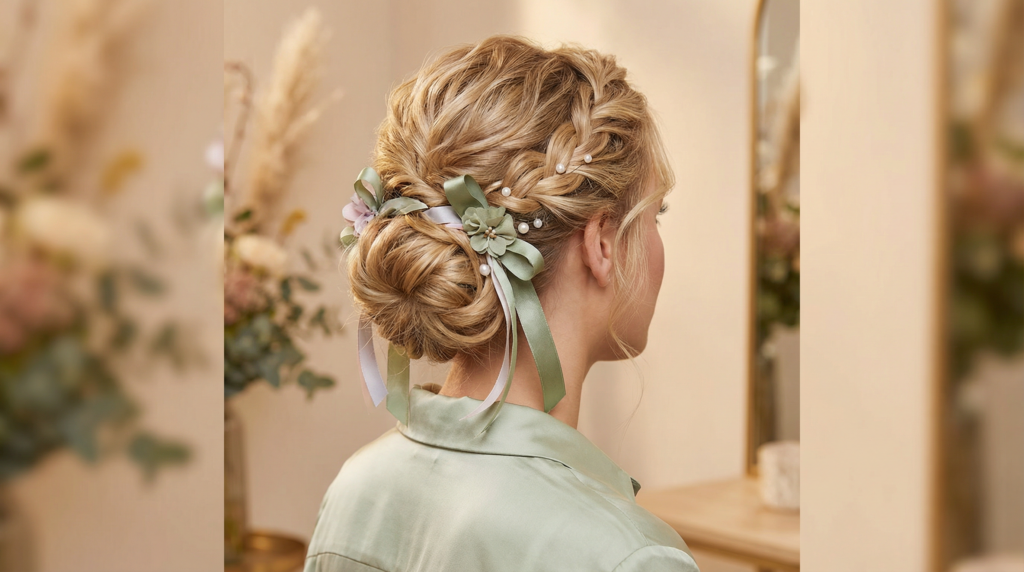 chignon bas avec un donuts, avec nattes et quelque perle et ruban vert